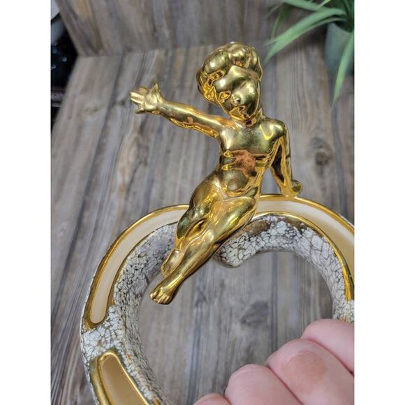 Vintage Posy Ring Vase, Heart-Shaped Gold Cherub Figure, Valentine Decor - Picture 5 of 5